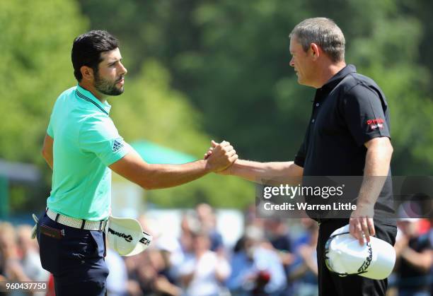 Adrian Otaegui of Spain shakes hands after winning his Semi Final match against David Drysdale of Scotland during the final day of the Belgian...