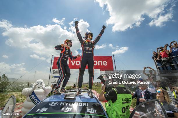 Thierry Neuville of Belgium and Nicolas Gilsoul of Belgium celebrate victory at the end of the SS20 Fafe - Power Stage of the WRC Portugal on May 20,...