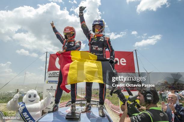 Thierry Neuville of Belgium and Nicolas Gilsoul of Belgium celebrate victory at the end of the SS20 Fafe - Power Stage of the WRC Portugal on May 20,...