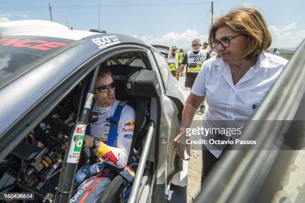 Sebastien Ogier of France talk with Michelle Mouton at the end ow the SS20 Fafe - Power Stage of the WRC Portugal on May 20, 2018 in Fafe, Portugal.
