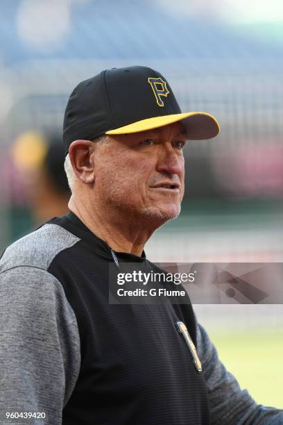 Clint Hurdle of the Pittsburgh Pirates watches bating practice before the game against the Washington Nationals at Nationals Park on April 30, 2018...