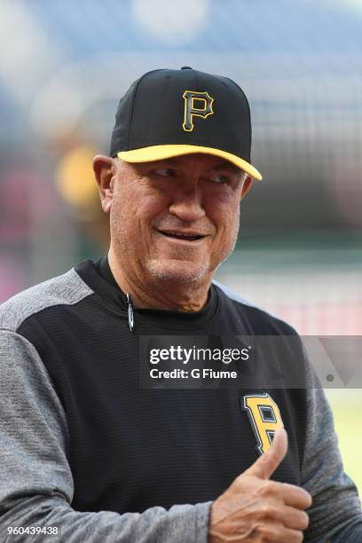 Clint Hurdle of the Pittsburgh Pirates watches bating practice before the game against the Washington Nationals at Nationals Park on April 30, 2018...