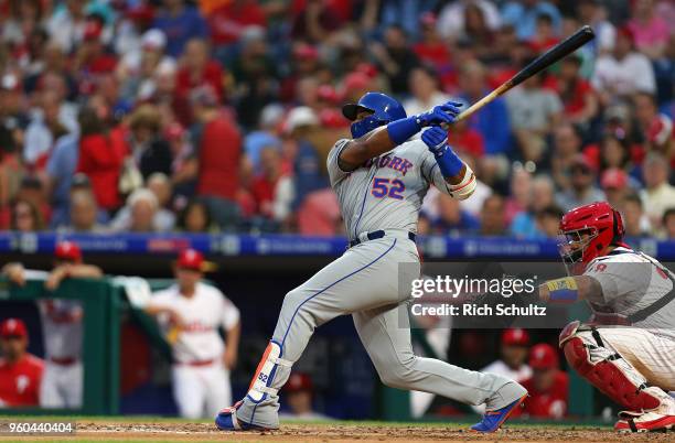 Yoenis Cespedes of the New York Mets in action against the Philadelphia Phillies during a game at Citizens Bank Park on May 11, 2018 in Philadelphia,...