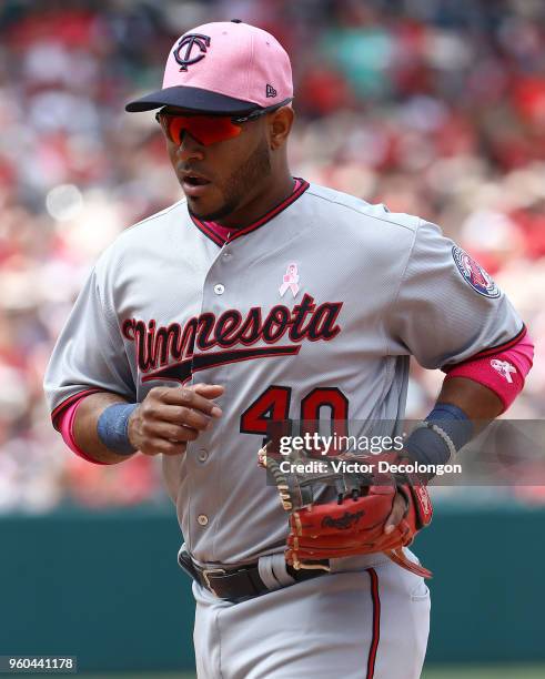 Gregorio Petit of the Minnesota Twins jogs back to the dugout after the fifth inning of the MLB game against the Los Angeles Angels of Anaheim at...