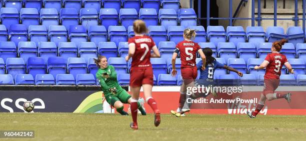 Eniola Aluko of Chelsea Ladies scores the first for her team during the Women's Super League match between Liverpool Ladies and Chelsea Ladies at...