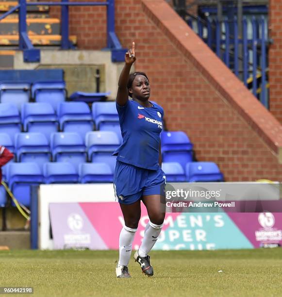 Eniola Aluko of Chelsea Ladies celebrates after scoring the first for her team during the Women's Super League match between Liverpool Ladies and...