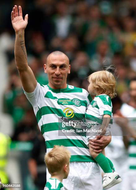 Scott Brown of Celtic is seen with his children during the Scott Brown testimonial match between Celtic and Republic of Ireland XI at Celtic Park on...