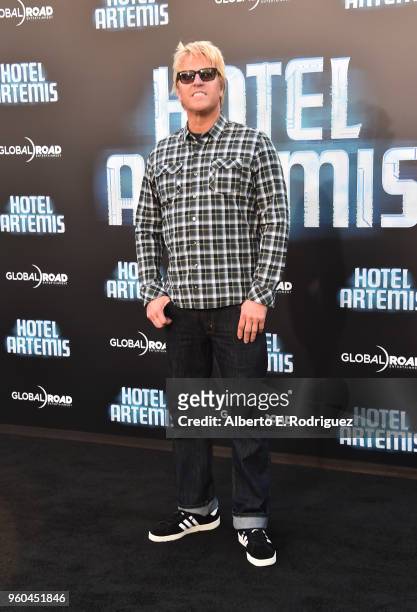 Actor Jake Busey attends the premiere of Global Road Entertainment's "Hotel Artemis" at Regency Village Theatre on May 19, 2018 in Westwood,...