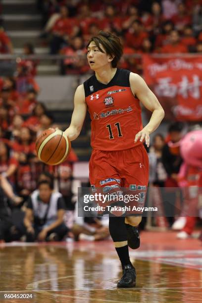 Fumio Nishimura of the Chiba Jets dribbles the ball during the B.League Championship semi final game 2 between Chiba Jets and Ryukyu Golden Kings at...