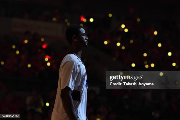 Hilton Armstrong of the Ryukyu Golden Kings enters the court prior to the B.League Championship semi final game 2 between Chiba Jets and Ryukyu...