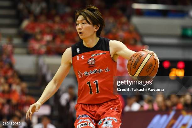 Fumio Nishimura of the Chiba Jets dribbles the ball during the B.League Championship semi final game 2 between Chiba Jets and Ryukyu Golden Kings at...