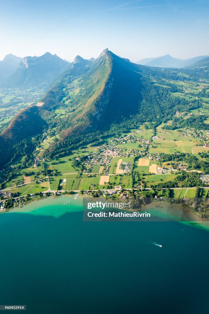 Aerial view of Annecy, the mountains Alps and the lake