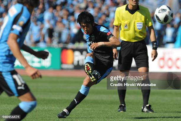 Kengo Nakamura of Kawasaki Frontale scoring his team's first goal during the J.League J1 match between Kawasaki Frontale and Shimizu S-Pulse at...