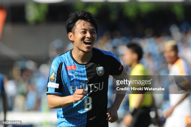 Hiroyuki Abe of Kawasaki Frontale celebrates scoring his team's second goal during the J.League J1 match between Kawasaki Frontale and Shimizu...