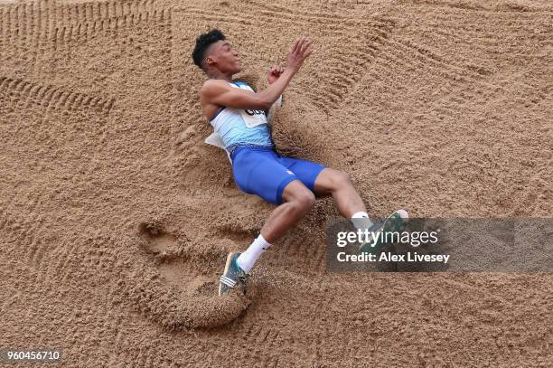 Wesley Matsuka-Williams of Great Britain U20's lands in the sand pit during the Men's Triple Jump event at the Loughborough International Athletics...