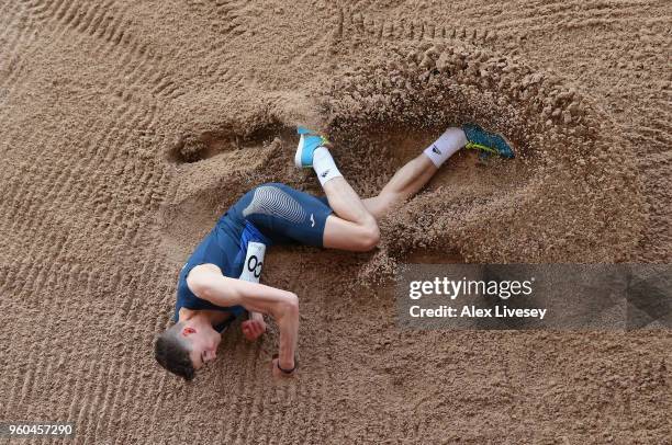 Aidan Quinn of Scotland U20's lands in the sand pit during the Men's Triple Jump event at the Loughborough International Athletics event on May 20,...
