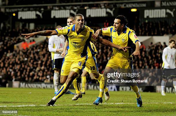 Jermaine Beckford of Leeds celebrates with teammate Jason Crowe after scoring a goal to level the scores at 1-1 during the FA Cup sponsored by E.ON...