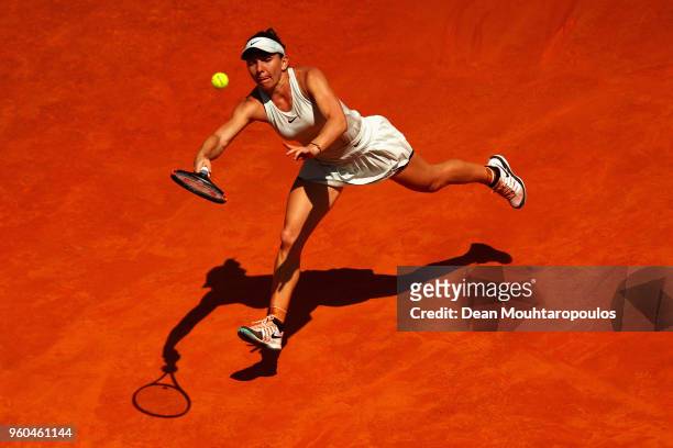 Simona Halep of Romania returns a forehand in her Womens Final match against Elina Svitolina of Ukraine during day 8 of the Internazionali BNL...