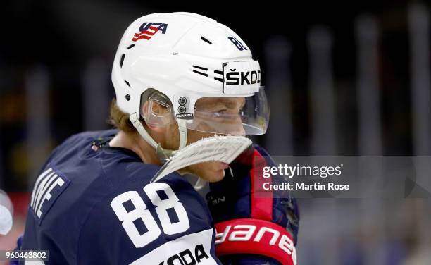 Patrick Kane of the United States reacts during the 2018 IIHF Ice Hockey World Championship Bronze Medal Game game between the United States and...