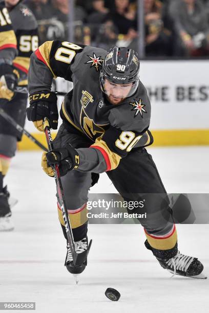Tomas Tatar of the Vegas Golden Knights skates with the puck against the Winnipeg Jets in Game Three of the Western Conference Final during the 2018...