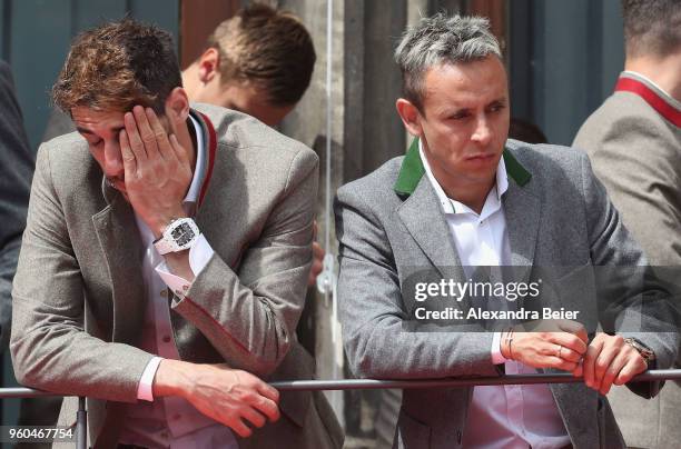 Javi Martinez and Rafinha of FC Bayern Muenchen are pictured during the ceremony celebrating the team's German Championship title for the season...