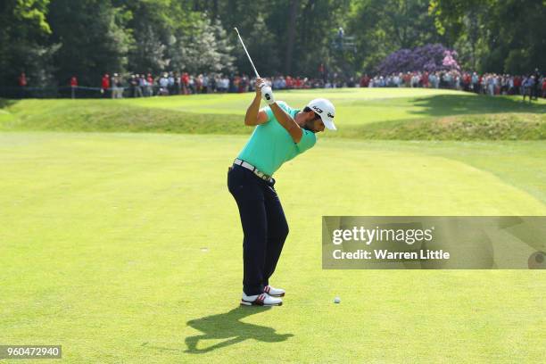 Adrian Otaegui of Spain plays his third shot on the 8th hole during the Final match against Benjamin Hebert during the final day of the Belgian...