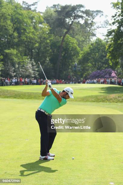 Adrian Otaegui of Spain plays his third shot on the 8th hole during the Final match against Benjamin Hebert during the final day of the Belgian...
