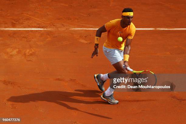 Rafael Nadal of Spain returns a forehand in his Mens Final match against Alexander Zverev of Germany during day 8 of the Internazionali BNL d'Italia...
