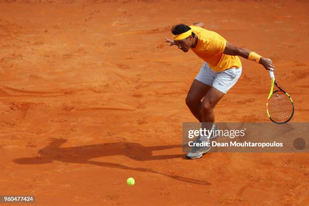 Rafael Nadal of Spain returns a backhand in his Mens Final match against Alexander Zverev of Germany during day 8 of the Internazionali BNL d'Italia...