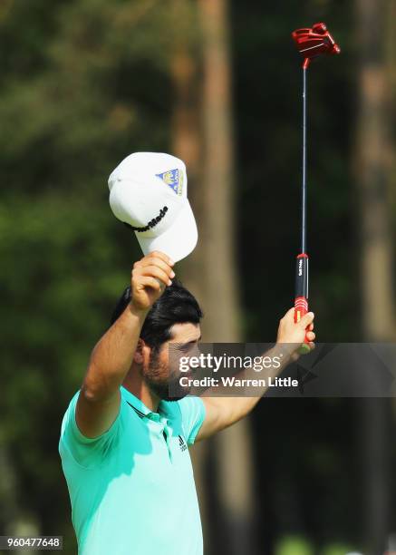 Adrian Otaegui of Spain celebrates after beating Benjamin Hebert after he wins the tournament on the final day of the Belgian Knockout at Rinkven...