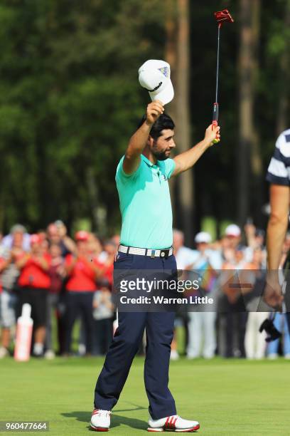 Adrian Otaegui of Spain celebrates after beating Benjamin Hebert after he wins the tournament on the final day of the Belgian Knockout at Rinkven...