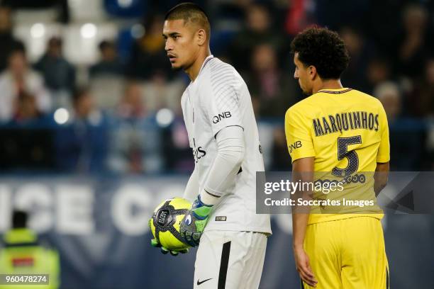 Alphonse Areola of Paris Saint Germain, Marquinhos of Paris Saint Germain during the French League 1 match between Caen v Paris Saint Germain at the...