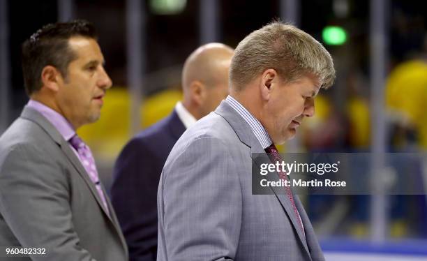 Bill Peters, head coach of Canada reacts during the 2018 IIHF Ice Hockey World Championship Bronze Medal Game game between the United States and...