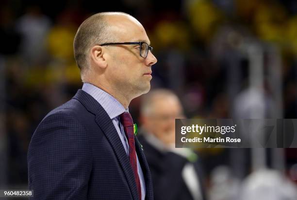 Jeff Blashill, head coach of the United States looks on during the 2018 IIHF Ice Hockey World Championship Bronze Medal Game game between the United...