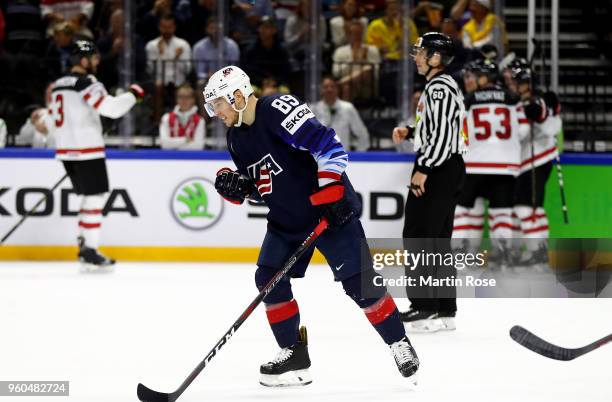 Cam Atkinson of the United States reacts during the 2018 IIHF Ice Hockey World Championship Bronze Medal Game game between the United States and...