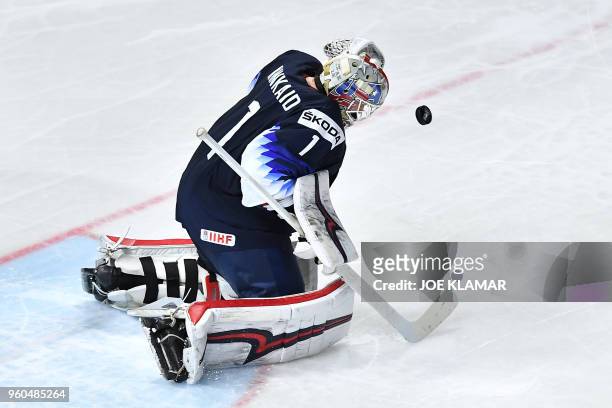 United States' goaltender Keith Kinkaid stops a puck during the bronze medal match USA vs Canada of the 2018 IIHF Ice Hockey World Championship at...