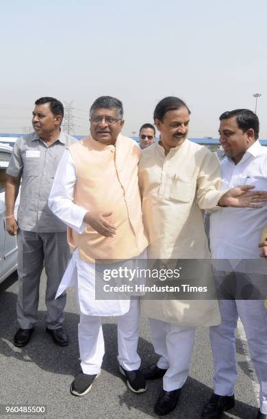 Union Minister Mahesh Sharma welcomes Union Law Minister Ravi Shankar Prasad at DND , on May 20, 2018 in Noida, India.