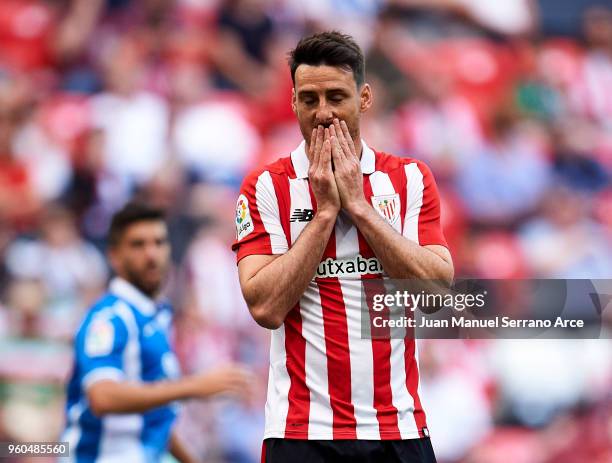 Aritz Aduriz of Athletic Club reacts during the La Liga match between Athletic Club and RCD Espanyol at San Mames Stadium on May 20, 2018 in Bilbao,...