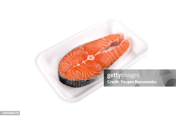 raw salmon steak in tray isolated on white background - meat packaging stock pictures, royalty-free photos & images