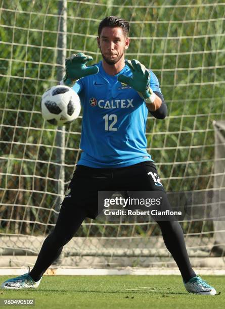Australian goalkeeper Brad Jones watches the ball during the Australian Socceroos Training Session at the Gloria Football Club on May 20, 2018 in...