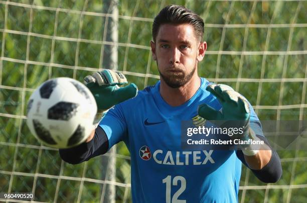 Australian goalkeeper Brad Jones watches the ball during the Australian Socceroos Training Session at the Gloria Football Club on May 20, 2018 in...