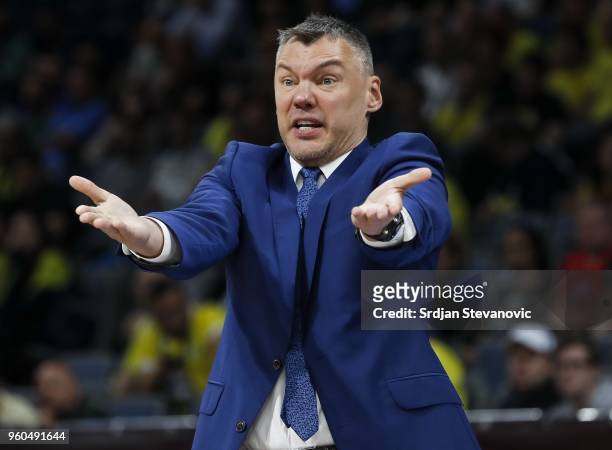 Head coach Sarunas Jasikevicius of Zalgiris reacts during the Turkish Airlines Euroleague Final Four Belgrade 2018 Third Place match between CSKA...