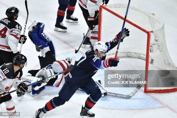 United States' Anders Lee celebrates after scoring a goal during the bronze medal match USA vs Canada of the 2018 IIHF Ice Hockey World Championship...