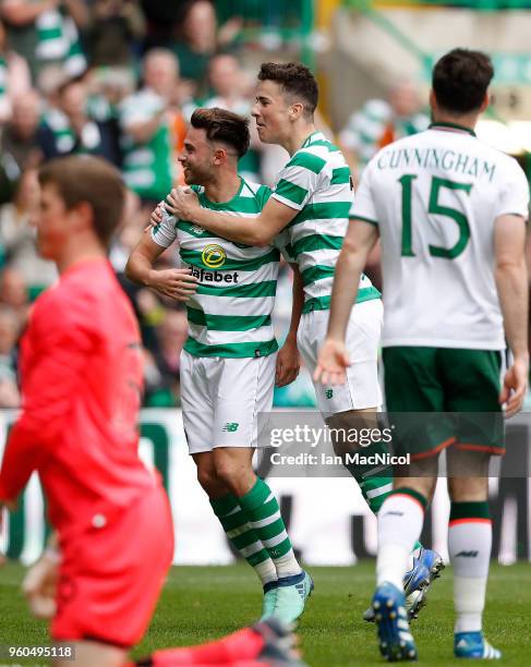 Patrick Roberts of Celtic celebrates after scoring his team's second goal during the Scott Brown testimonial match between Celtic and Republic of...