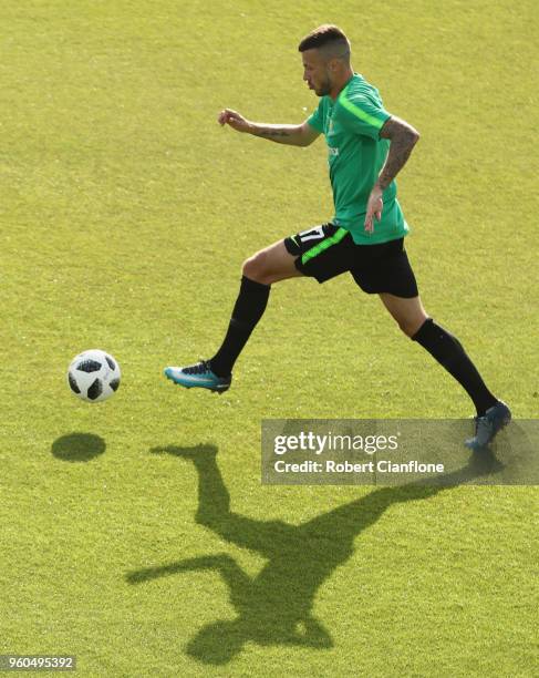 Nikita Rukavytsya of Australia controls the ball during the Australian Socceroos Training Session at the Gloria Football Club on May 20, 2018 in...