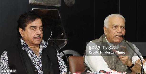 Shatrughan Sinha and former Union Minister Yashwant Sinha speak during a media interaction at Chandigarh Press Club, on May 20, 2018 in Chandigarh,...