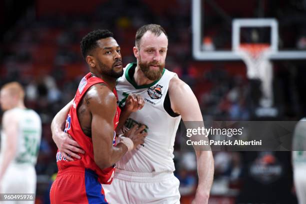 Cory Higgins, #22 of CSKA Moscow competes with Arturas Milaknis, #21 of Zalgiris Kaunas during the 2018 Turkish Airlines EuroLeague F4 Third Place...