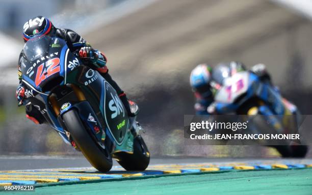 Kalex Sky Racing Team VR46 Italian rider Francesco Bagnaia leads during the Moto2 race of the French Motorcycle Grand Prix on May 20, 2018 in Le...