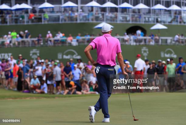 Aaron Wise looks on from the 16th green during the third round of the AT&T Byron Nelson at Trinity Forest Golf Club on May 19, 2018 in Dallas, Texas.