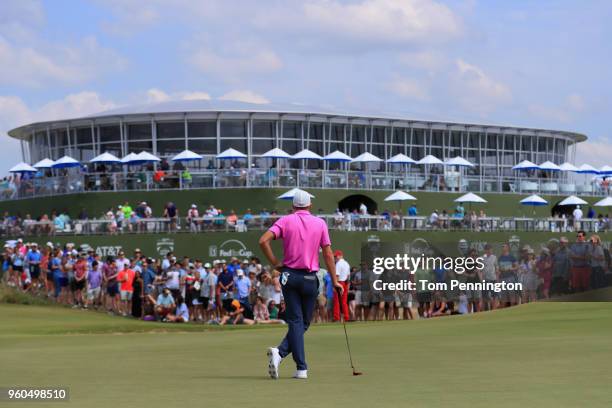 Aaron Wise looks on from the 16th green during the third round of the AT&T Byron Nelson at Trinity Forest Golf Club on May 19, 2018 in Dallas, Texas.